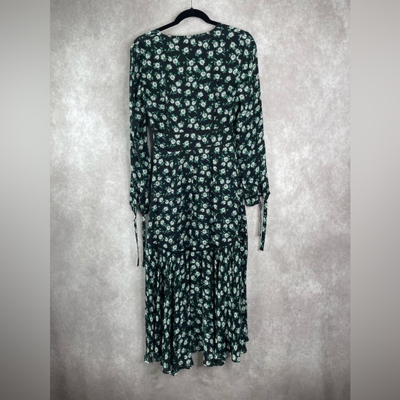 Intermix Floral Long Sleeve Silk Tiered Dress In Black Green Women's Size 2 - Picture 13 of 13